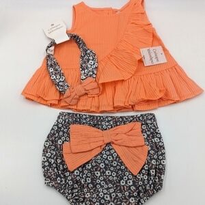 NWT Catherine Malandrino Mini Summer Set Shirt Shorts Headband 3-6m